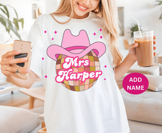 Trendy Cowgirl Shirts gift for Mrs to be | Custom Western Themed Cowgirl Bride Hat Disco shirt Retro Cowboy Party Tee shirt gift for women