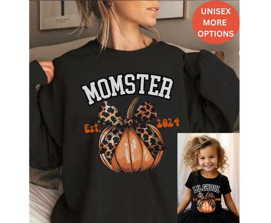 Custom Momster Lil Ghoul Mom and Daughter Halloween Coquette Pumpkin Shirt, Gifts for Women and Baby Halloween Mama Shirt Sweatshirt Jumper