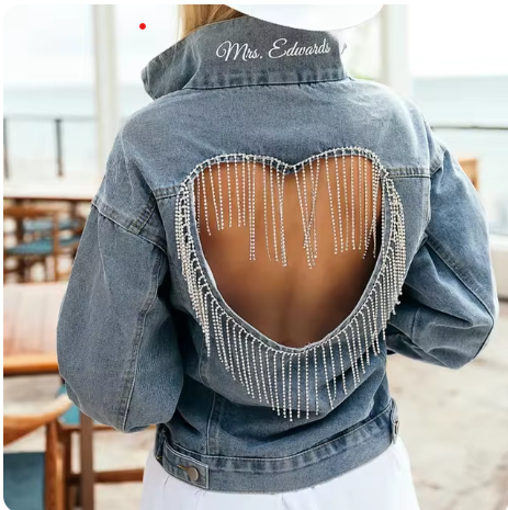 Personalized Denim Fringe Jacket for Bride to be Custom Wedding bachelorette party jacket with Open Rhinestone Heart Bridal shower gift